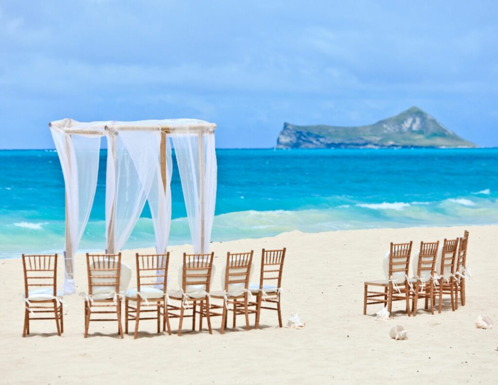 Wedding ceremony on a white sand beach facing the sea