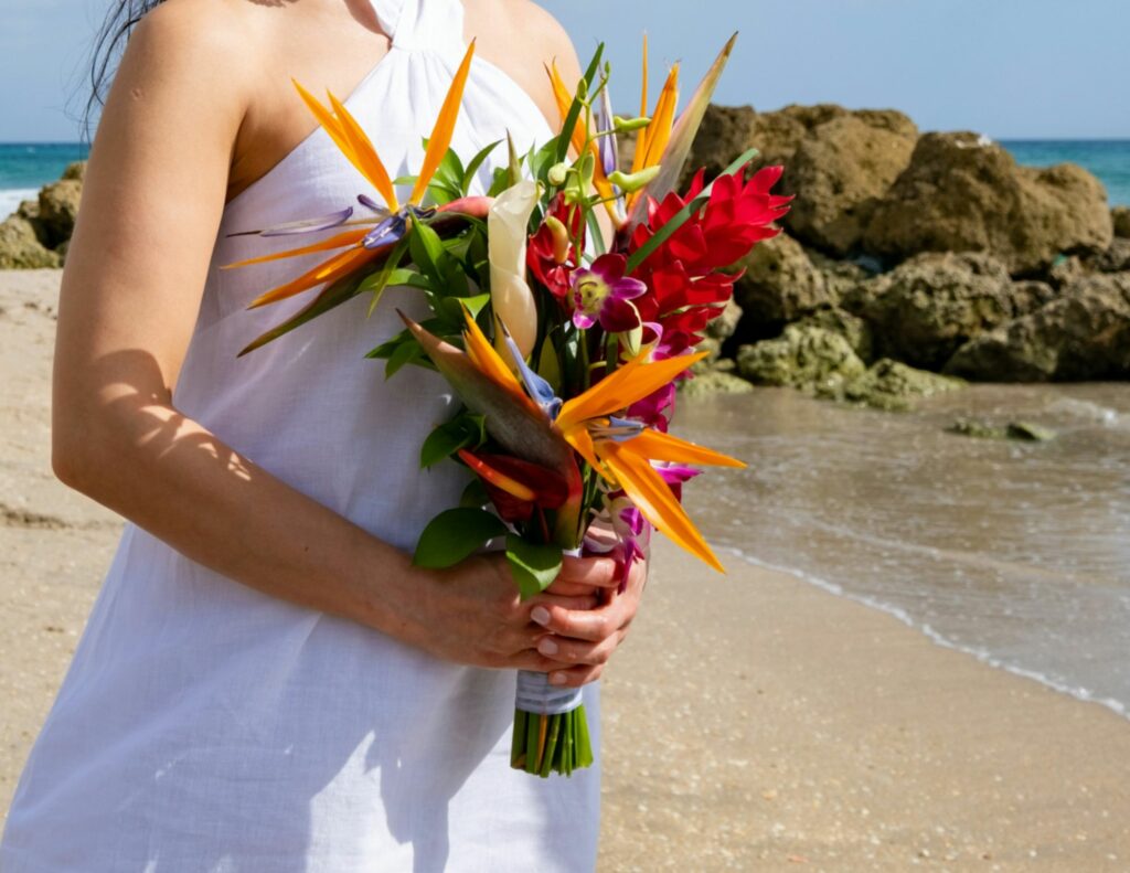 A woman carrying a tropical wedding bouquet on a beach.