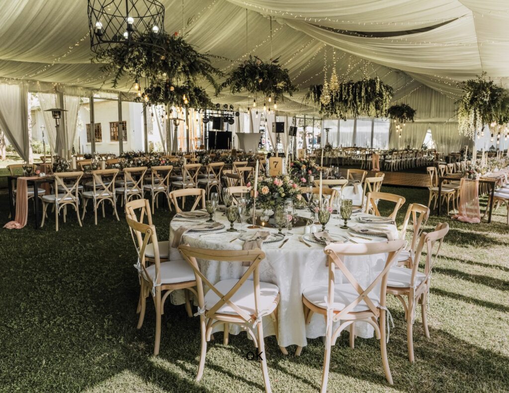 A wedding-ready reception venue with a beautiful set-up.